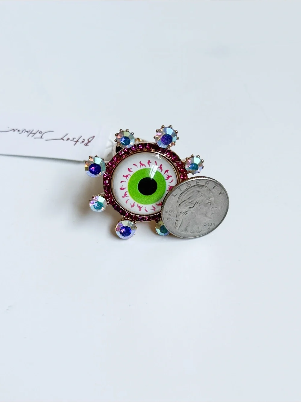Betsey Johnson Neon Green Eyeball Ring with Pink and Iridescent Accents Stretch